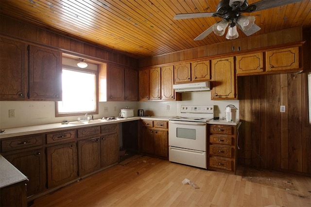 kitchen with ceiling fan, sink, white electric stove, light hardwood / wood-style floors, and wood walls