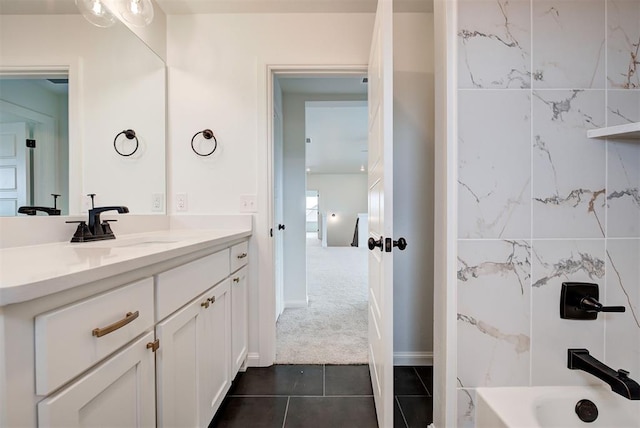 full bath featuring shower / bathing tub combination, vanity, and tile patterned floors