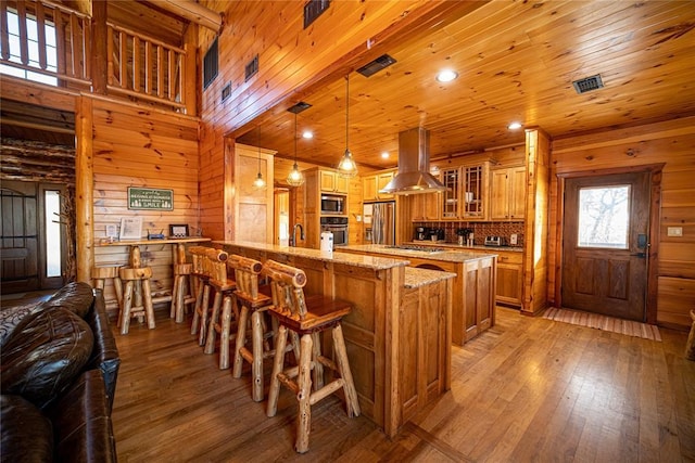 kitchen featuring light stone countertops, appliances with stainless steel finishes, light wood-type flooring, island range hood, and hanging light fixtures