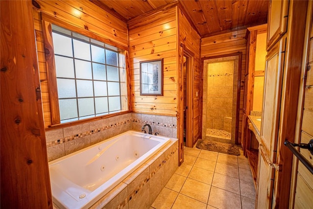 bathroom featuring tile patterned flooring, wood walls, wooden ceiling, and shower with separate bathtub