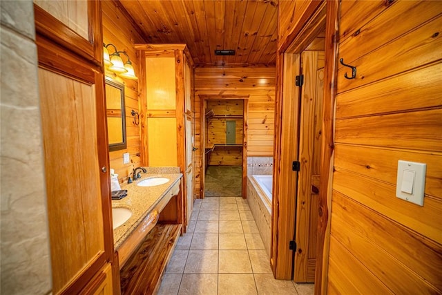 bathroom with vanity, wood walls, and wood ceiling