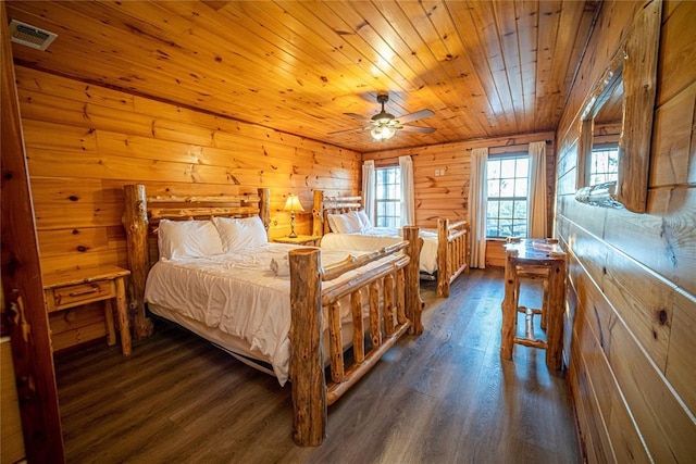 bedroom featuring ceiling fan, wood walls, wooden ceiling, and dark hardwood / wood-style floors