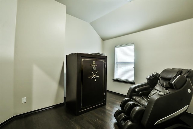 living area with dark hardwood / wood-style floors and lofted ceiling