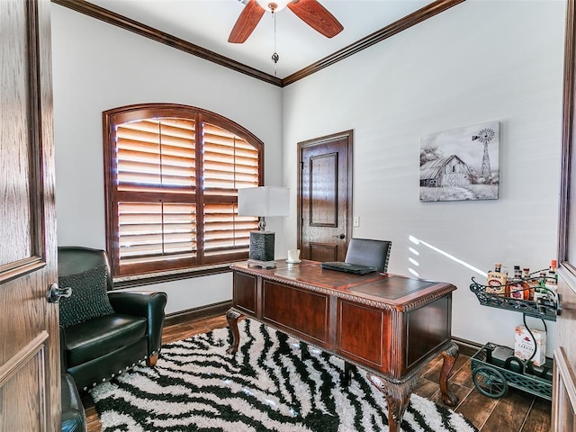 home office with ceiling fan and ornamental molding