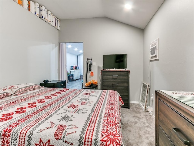 bedroom featuring light colored carpet, vaulted ceiling, and a wall mounted AC