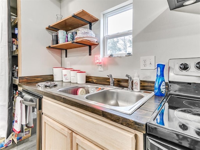 kitchen featuring light brown cabinetry, range with electric cooktop, sink, and hardwood / wood-style flooring