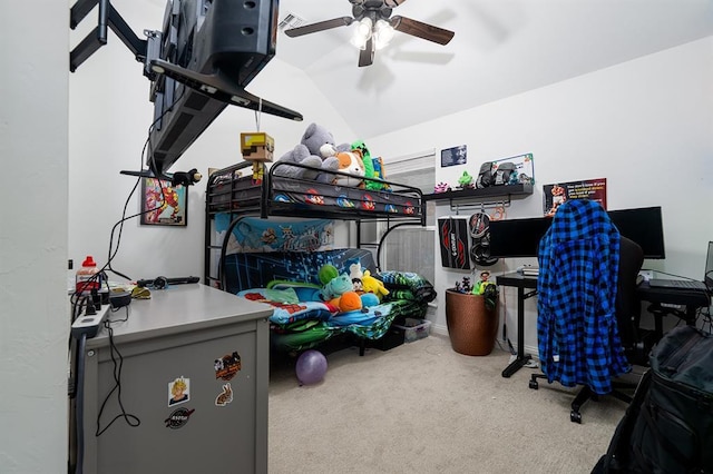 interior space featuring carpet flooring, ceiling fan, and lofted ceiling