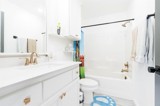 full bathroom featuring shower / bathing tub combination, vanity, toilet, and wood-type flooring