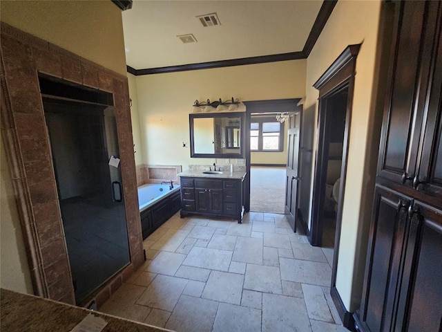 bathroom with vanity, shower with separate bathtub, and crown molding