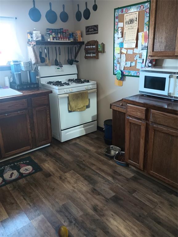 kitchen featuring white appliances, dark hardwood / wood-style floors, and sink