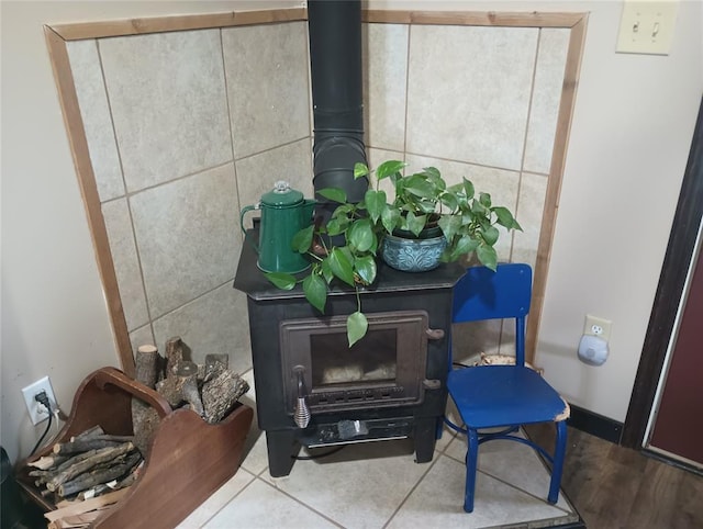 room details featuring a wood stove