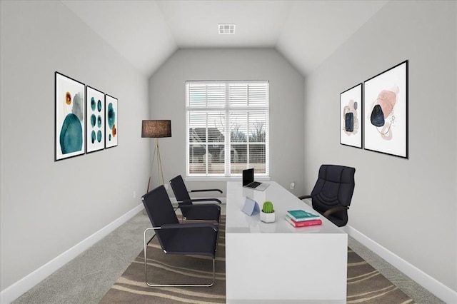 home office with carpet and lofted ceiling