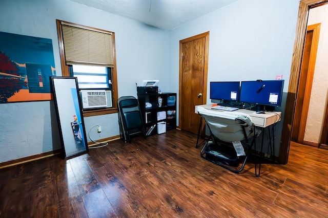 home office featuring cooling unit and dark wood-type flooring