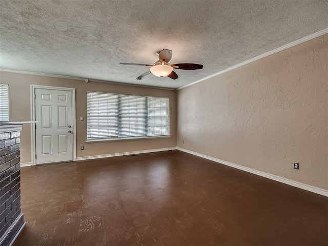 unfurnished living room with ceiling fan, a healthy amount of sunlight, a textured ceiling, and ornamental molding