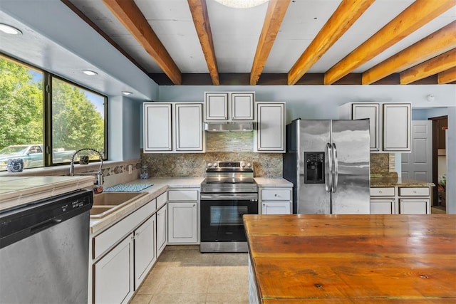 49900 W 201st St, Depew, OK 74028 - kitchen featuring appliances with stainless steel finishes, wood counters, under cabinet range hood, beamed ceiling, and backsplash
