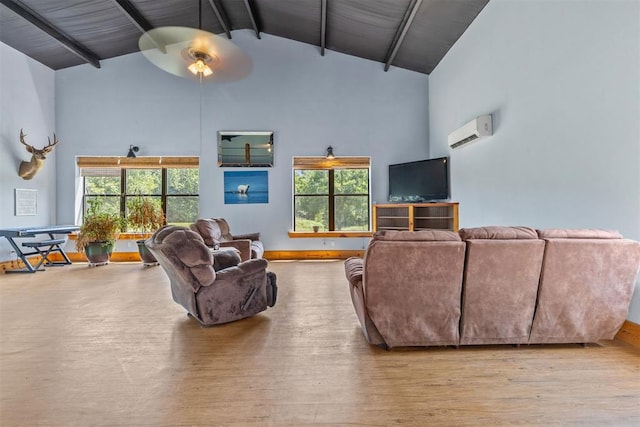 49900 W 201st St, Depew, OK 74028 - living room with a wall unit AC, high vaulted ceiling, a ceiling fan, wood finished floors, and beam ceiling