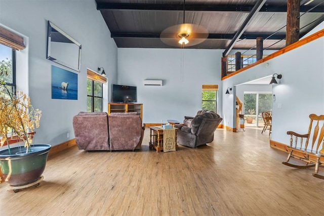 49900 W 201st St, Depew, OK 74028 - living area with wood finished floors, high vaulted ceiling, a wooden ceiling with exposed beams, and ceiling fan