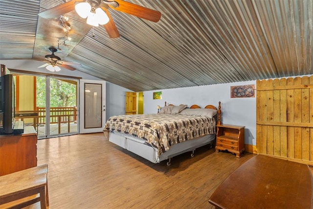 bedroom with access to outside, ceiling fan, wooden ceiling, and hardwood / wood-style flooring