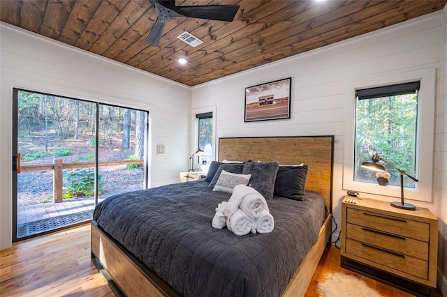 bedroom featuring access to exterior, ceiling fan, wooden ceiling, wooden walls, and light wood-type flooring