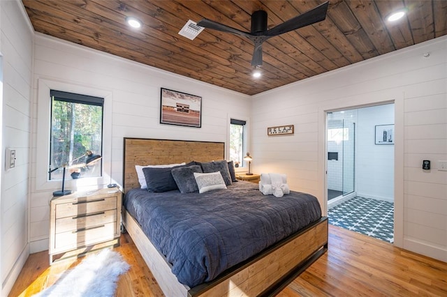 bedroom featuring multiple windows, ceiling fan, light hardwood / wood-style flooring, and wood ceiling