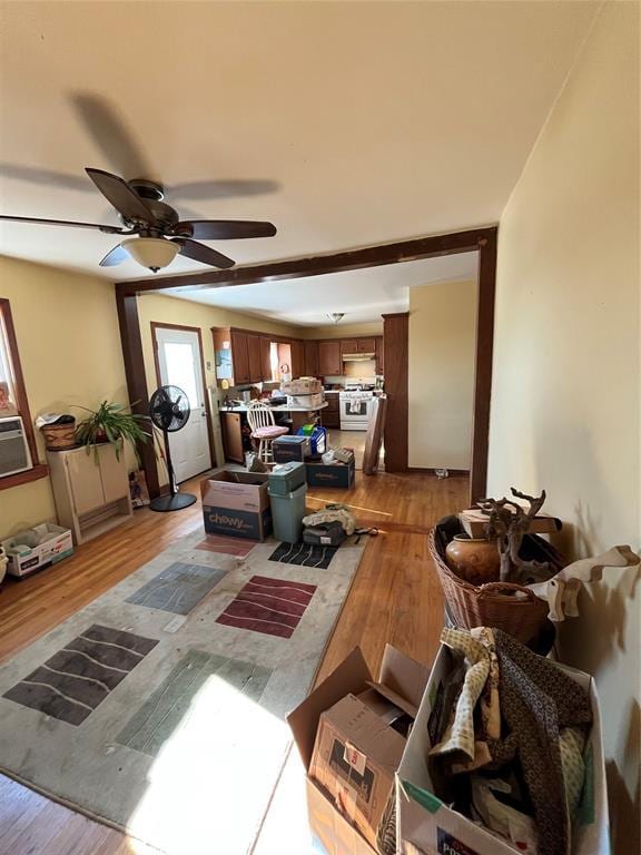 living room featuring light wood-type flooring and ceiling fan