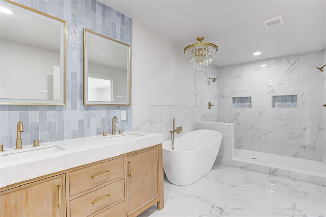 bathroom with vanity, plus walk in shower, and tile walls