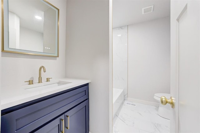 full bathroom featuring vanity,  shower combination, and toilet