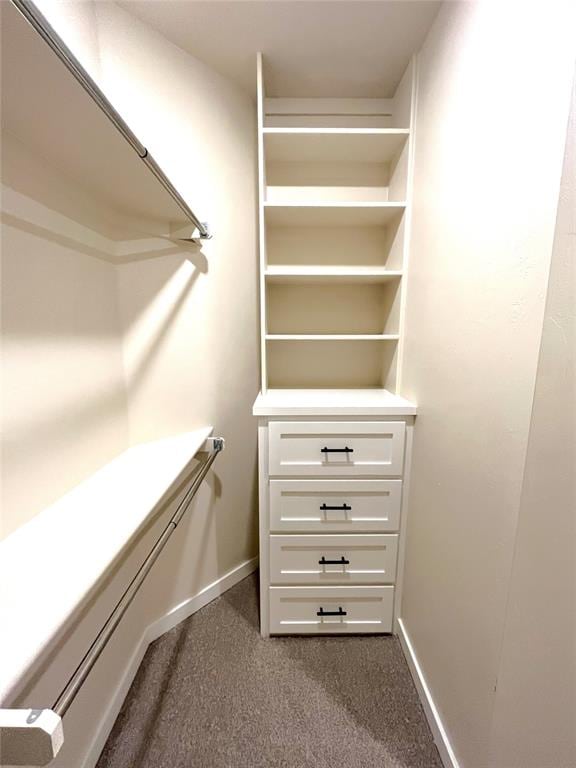 spacious closet featuring dark carpet