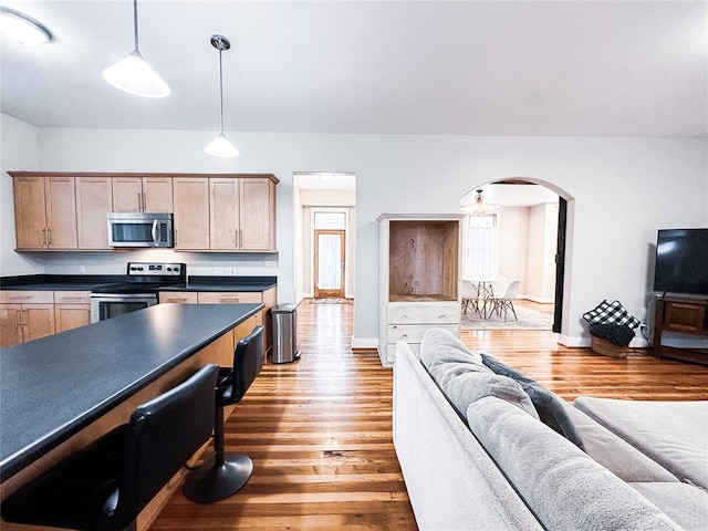 kitchen featuring pendant lighting, wood-type flooring, and stainless steel appliances