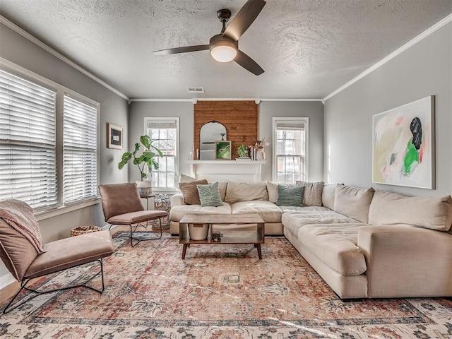 living room with ceiling fan, plenty of natural light, and a textured ceiling