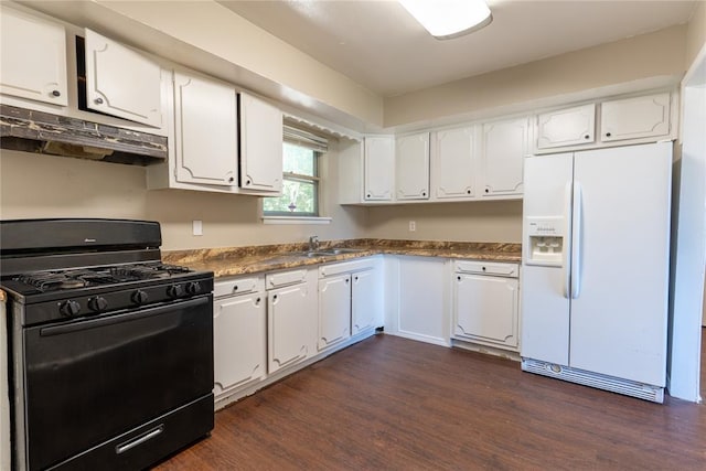 kitchen featuring white refrigerator with ice dispenser, black gas stove, white cabinets, and dark hardwood / wood-style floors