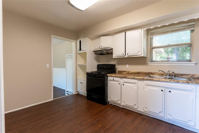 kitchen with black gas range, dark hardwood / wood-style flooring, white cabinetry, and sink