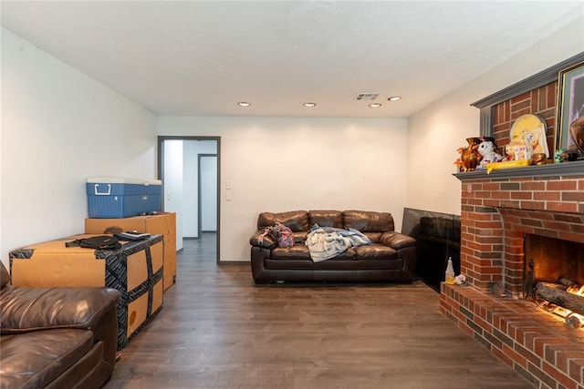 living room featuring dark wood-type flooring and a fireplace