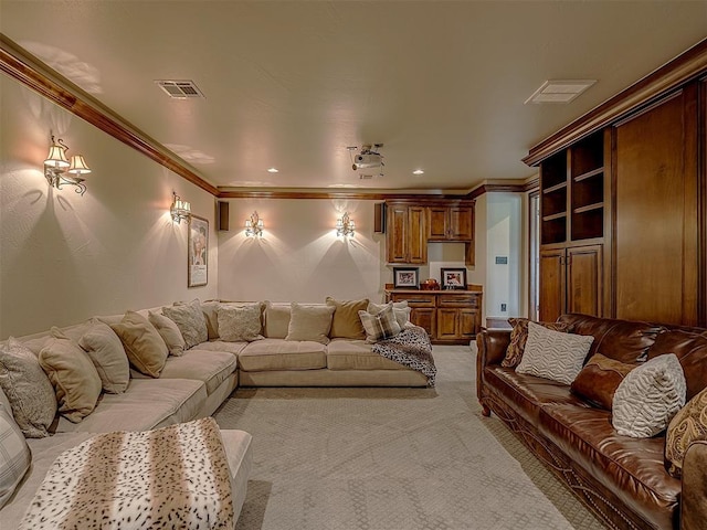 living room with crown molding and light carpet