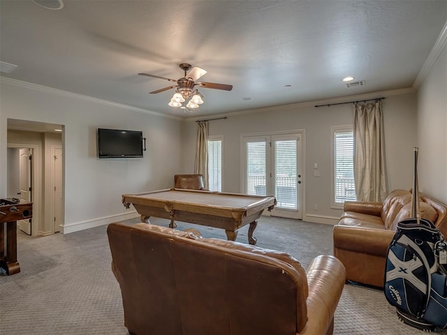 game room with carpet, ceiling fan, ornamental molding, and pool table