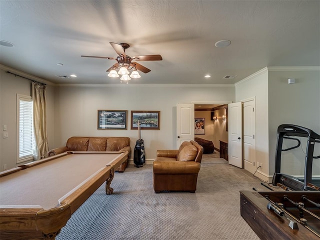 playroom with light carpet, ceiling fan, crown molding, and billiards