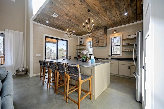 kitchen featuring wooden ceiling, visible vents, a center island, open shelves, and finished concrete floors