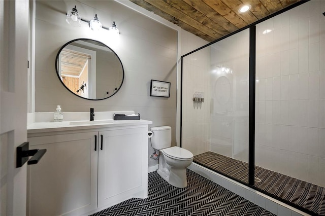 full bath with toilet, wood ceiling, tile patterned flooring, vanity, and a shower stall