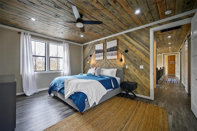 bedroom featuring wooden walls, baseboards, wooden ceiling, dark wood-style flooring, and recessed lighting