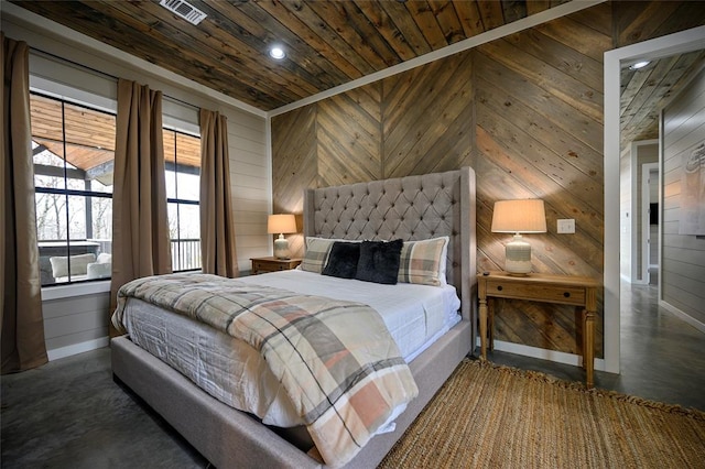 bedroom with recessed lighting, visible vents, wooden walls, wooden ceiling, and baseboards