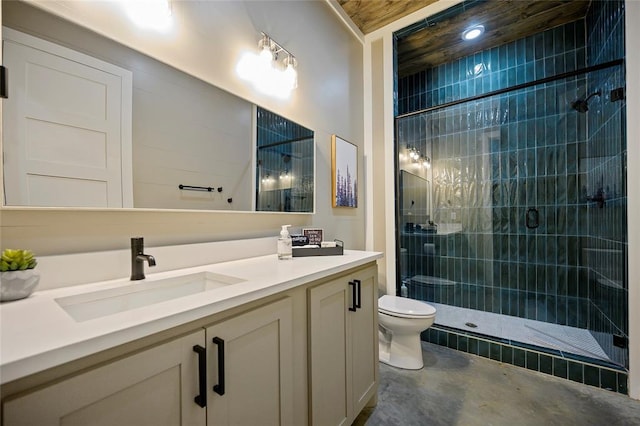 full bath with double vanity, toilet, a sink, a shower stall, and concrete floors