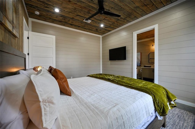 bedroom with wooden ceiling, a ceiling fan, wood walls, and recessed lighting