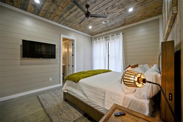 bedroom featuring recessed lighting, wood ceiling, wood walls, and baseboards