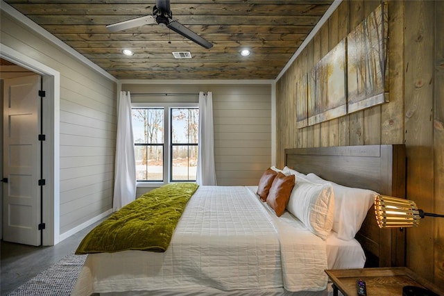 bedroom featuring visible vents, recessed lighting, wood ceiling, and wooden walls