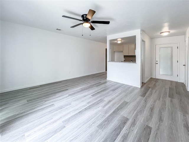 unfurnished living room with light wood-type flooring and ceiling fan