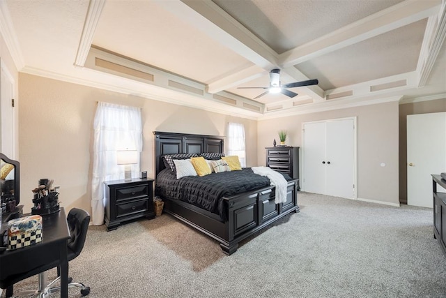 carpeted bedroom with crown molding, coffered ceiling, ceiling fan, and beam ceiling