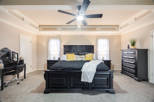 carpeted bedroom with multiple windows, crown molding, and ceiling fan