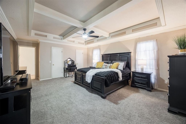 bedroom featuring beamed ceiling, carpet flooring, coffered ceiling, ceiling fan, and crown molding