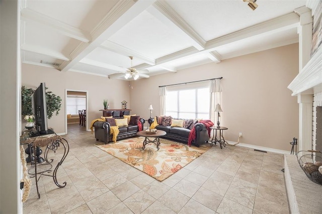 living area with coffered ceiling, visible vents, baseboards, a brick fireplace, and beam ceiling