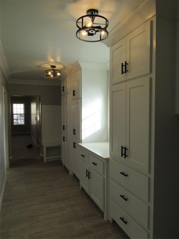 hall with dark hardwood / wood-style floors and crown molding